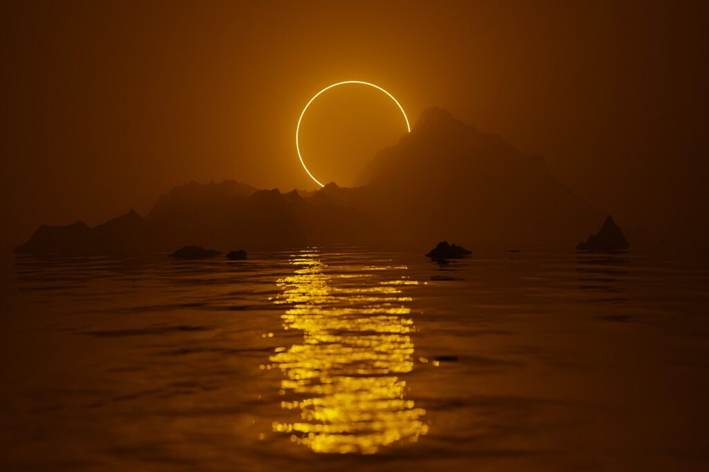 A solar eclipse reflected on the water